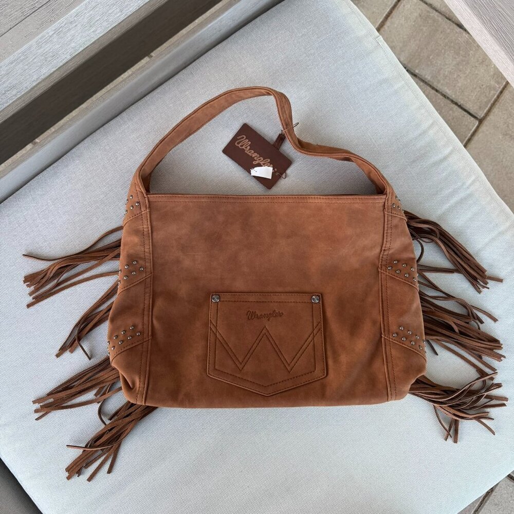NWT Wrangler Suede Leather Fringe Hobo Shoulder Bag Brown